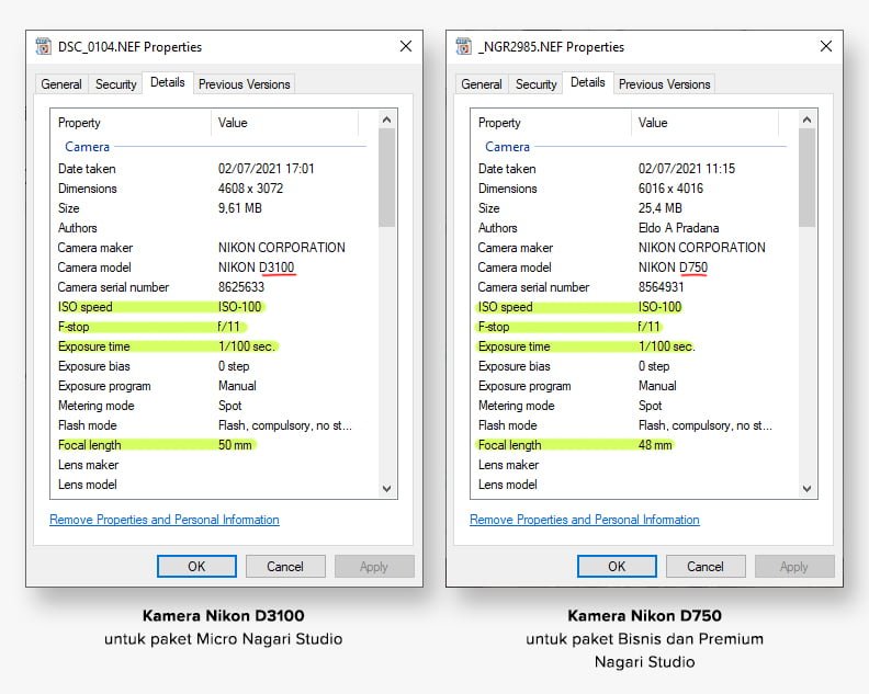 perbandingan EXIF data kamera nikon D750 dan D3100 Nagari Studio